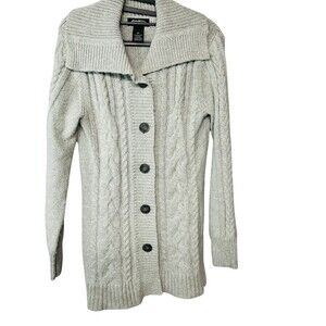 Eddie Bauer Cardigan Sweater Womens Petite S Gray Cable Knit Shawl Collar
